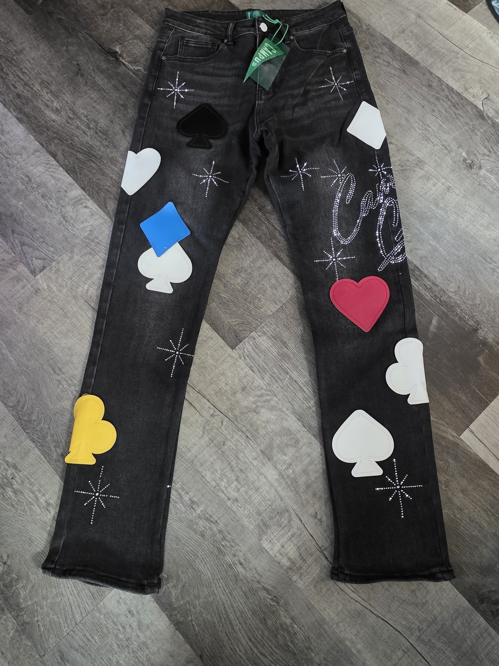 Men's Black Straight Jeans with Multicolor Card Suit Patches